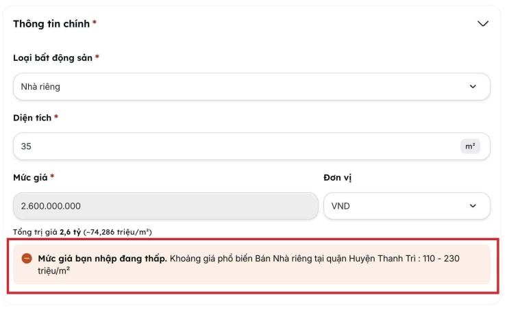 Batdongsan.com.vn liên tục đưa ra cảnh báo mức giá nằm ngoài khoảng tham chiếu mà nền tảng tự thiết lập.