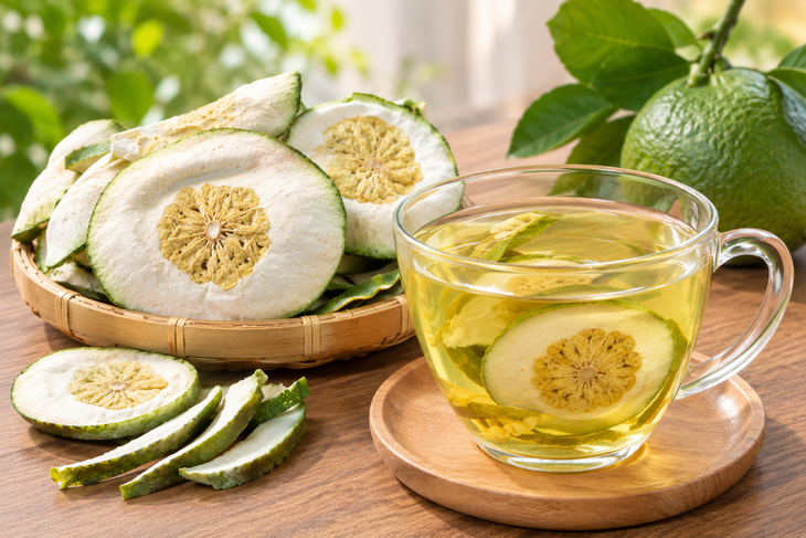Quả bưởi non dùng dưới dạng trà có tác dụng giảm triệu chứng khi bị gan nhiễm mỡ. Ảnh AI
