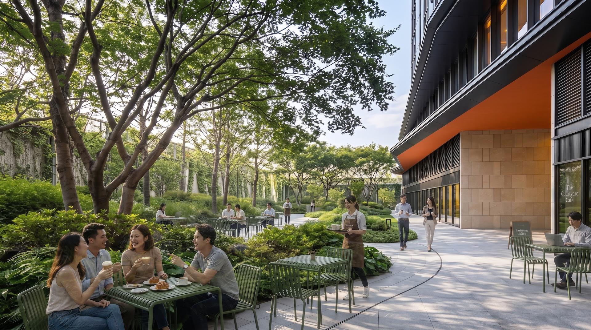 Dưới tán cây xanh mát, khu vực café terrace là điểm hẹn lý tưởng để cư dân thư giãn và kết nối. Ảnh: Sun Property.