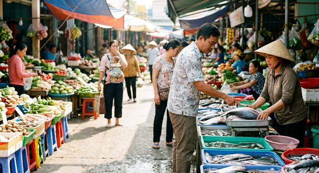 Vừa bước đến hàng cá, Hương bỗng khựng lại. Người đàn ông đang đứng trước sạp, cúi xuống chỉ trỏ từng con cá rồi hỏi giá chính là Đức, người chồng đang nói với cô rằng mình đi câu từ sáng sớm. Ảnh minh họa