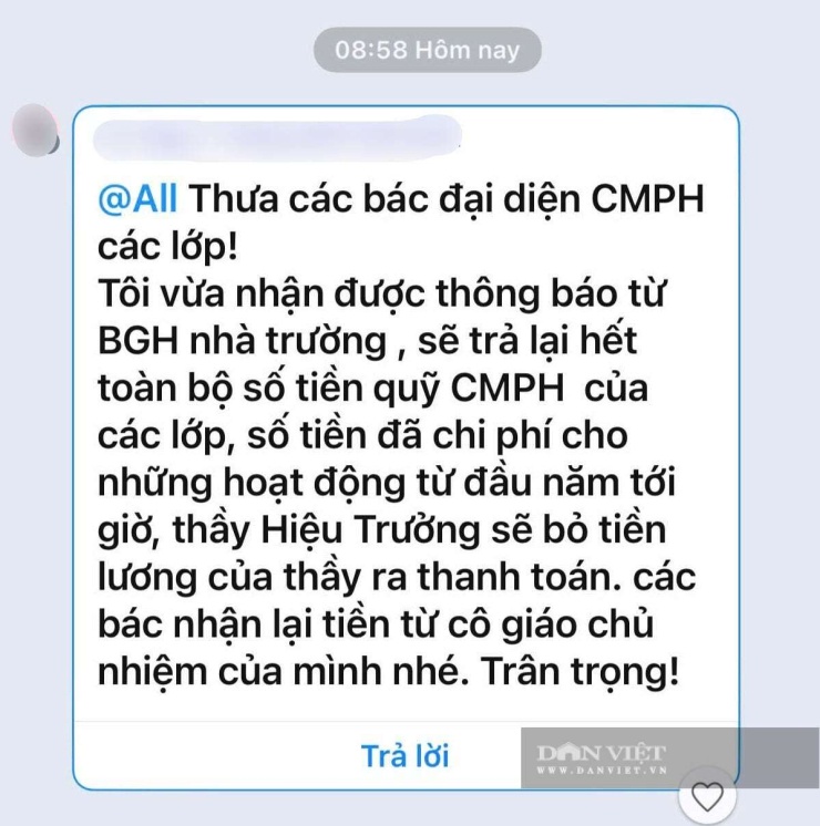 Bà N.N.A. đã thông báo đến trưởng phụ huynh các lớp với nội dung trường sẽ trả lại hết toàn bộ số tiền quỹ cha mẹ phụ huynh của các lớp. Ảnh: PHCC