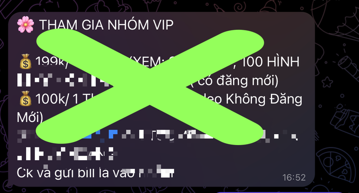 Một lời mời mua gói xem các video sexy trên Telegram. Ảnh: Chụp màn hình.