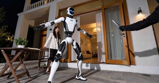 Robot vệ sĩ phô diễn sức mạnh như phim viễn tưởng: Múa võ, nhảy lầu và đỡ ô tô cứu người