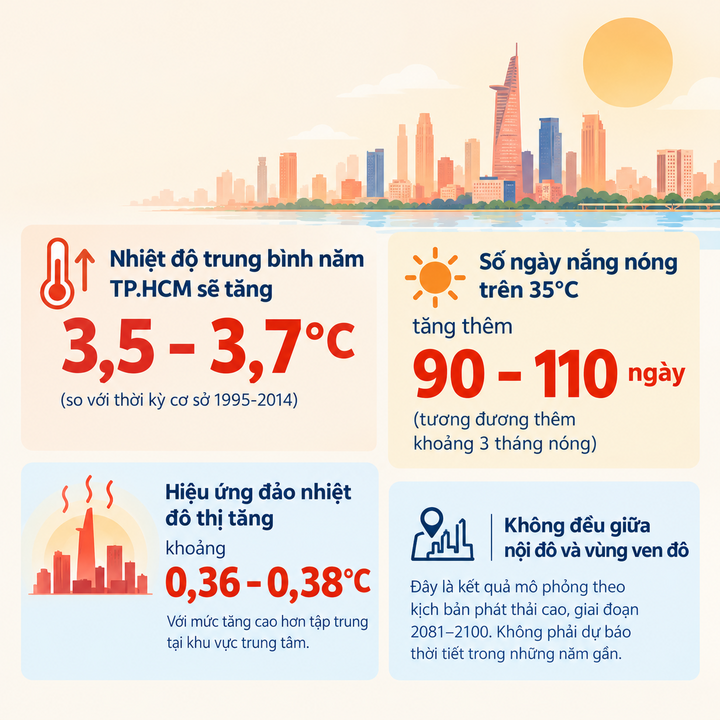 TP.HCM có thể ghi nhận nhiệt độ trung bình năm tại khu vực nội đô tăng 3,5-3,7°C vào cuối thế kỷ XXI theo kịch bản phát thải cao.