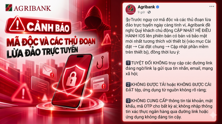 Agribank cảnh báo mã độc và các thủ đoạn lừa đảo trực tuyến. Ảnh: Chụp màn hình.