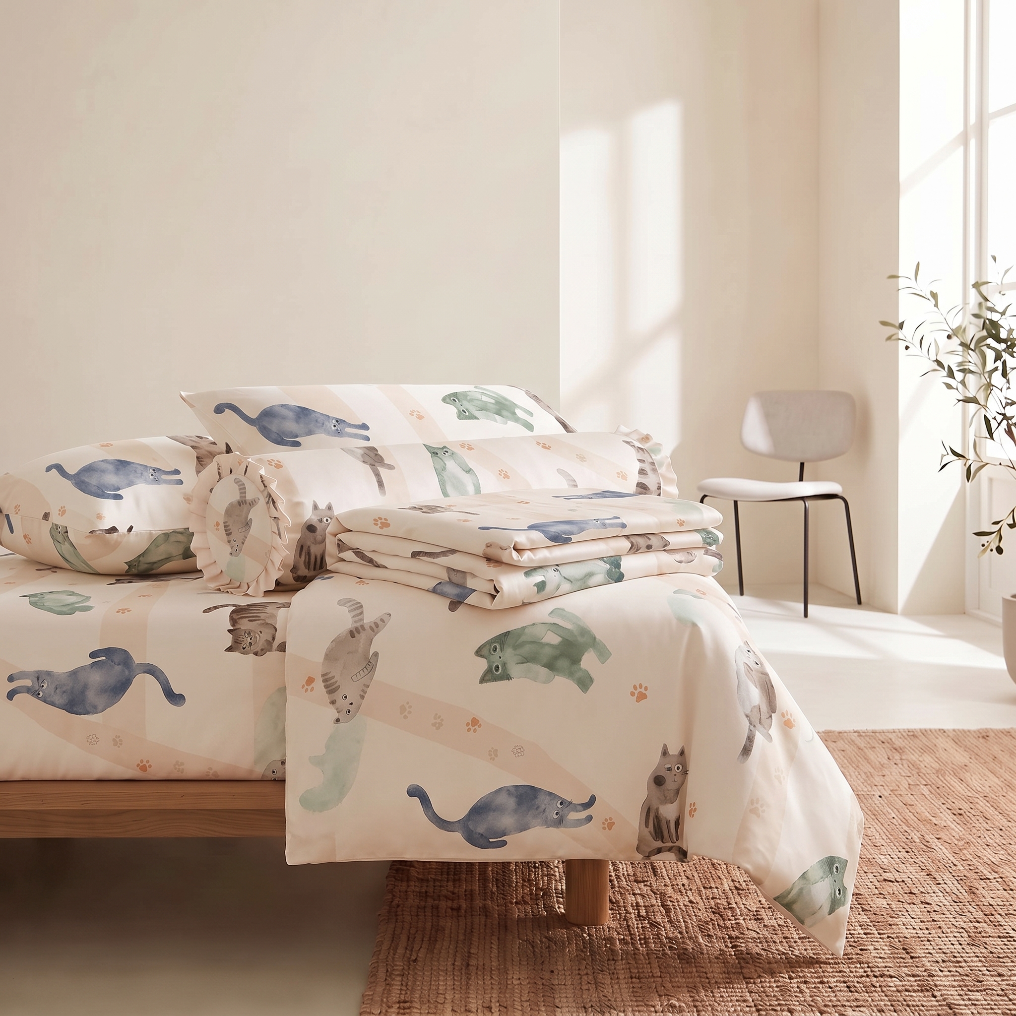 Bộ TENCEL 60s hoạ tiết Kitten, ga ôm gọn mặt nệm.