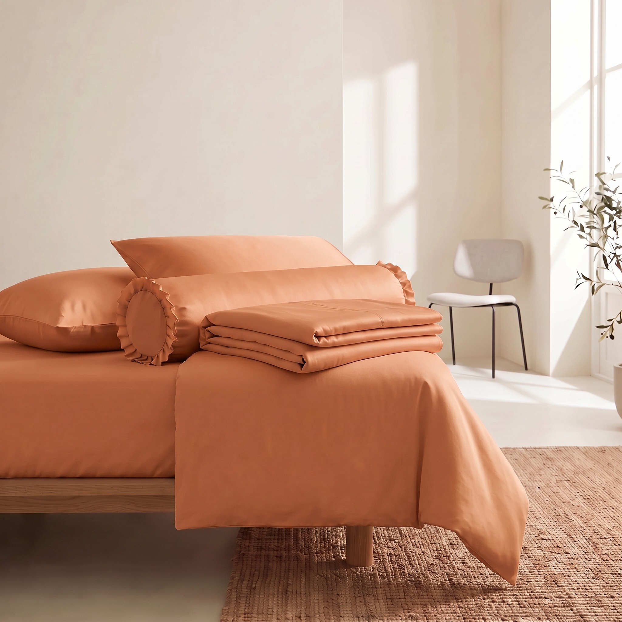 Bộ 5 món TENCEL 60s màu Cam Cà Rốt: ga, hai vỏ gối nằm, vỏ gối ôm và vỏ chăn.