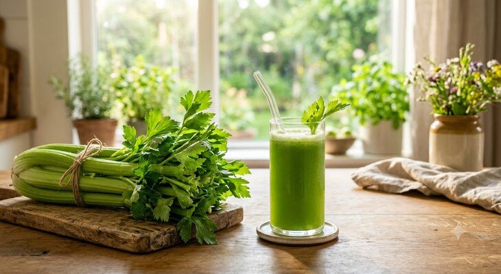 Nước ép cần tây hỗ trợ giảm huyết áp và giảm viêm trong cơ thể. Ảnh minh họa AI