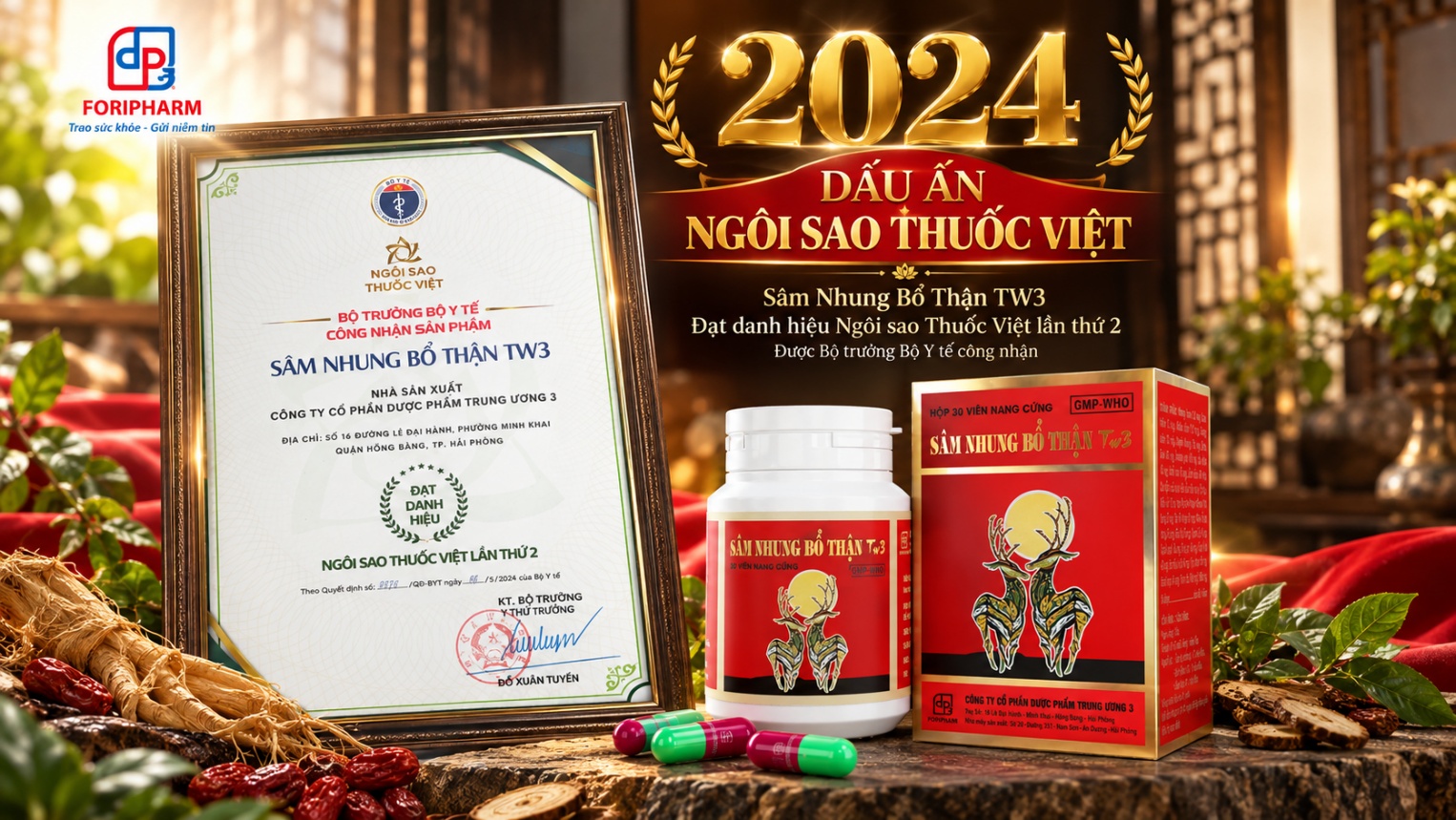 Sâm Nhung Bổ Thận TW3 được công nhận đạt danh hiệu Ngôi Sao Thuốc Việt lần thứ 2 năm 2024 (Ảnh: DP3)