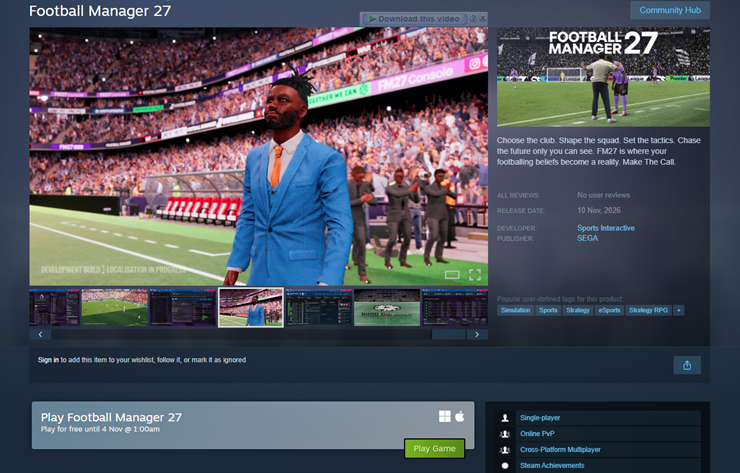 Chơi miễn phí Football Manager 27 tới 4/11.