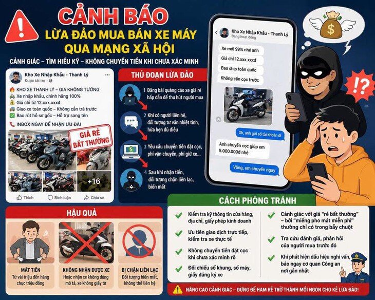 Mua bán xe máy qua Facebook, Zalo tiềm ẩn nguy cơ lừa đảo, từ chiếm đoạt tiền đặt cọc đến mua phải phương tiện không rõ nguồn gốc. (Ảnh Phòng CSGT Bắc Ninh)