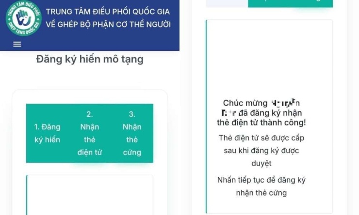 Trước đó, người dân vào website của Trung tâm Điều phối quốc gia về ghép bộ phận cơ thể người, dùng số căn cước công dân và tên của một người đăng ký thử và đã đăng ký thành công. Ảnh chụp màn hình